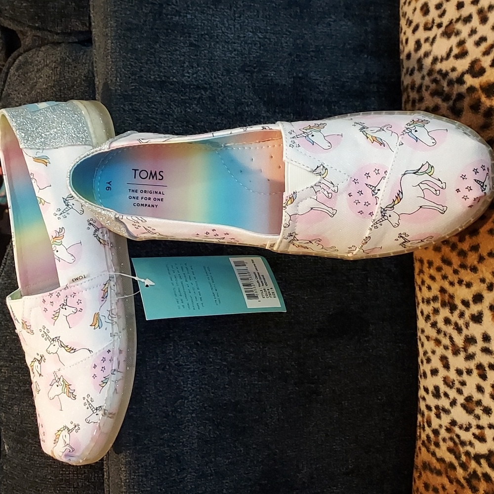 🦄Toms Girls Pink White 10014645 Pastel Shimmer Unicorn Print Slip On Shoes US 6